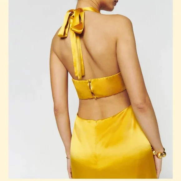 Reformation Golden Yellow Halter Twist Midi Dress - Picture 2 of 6